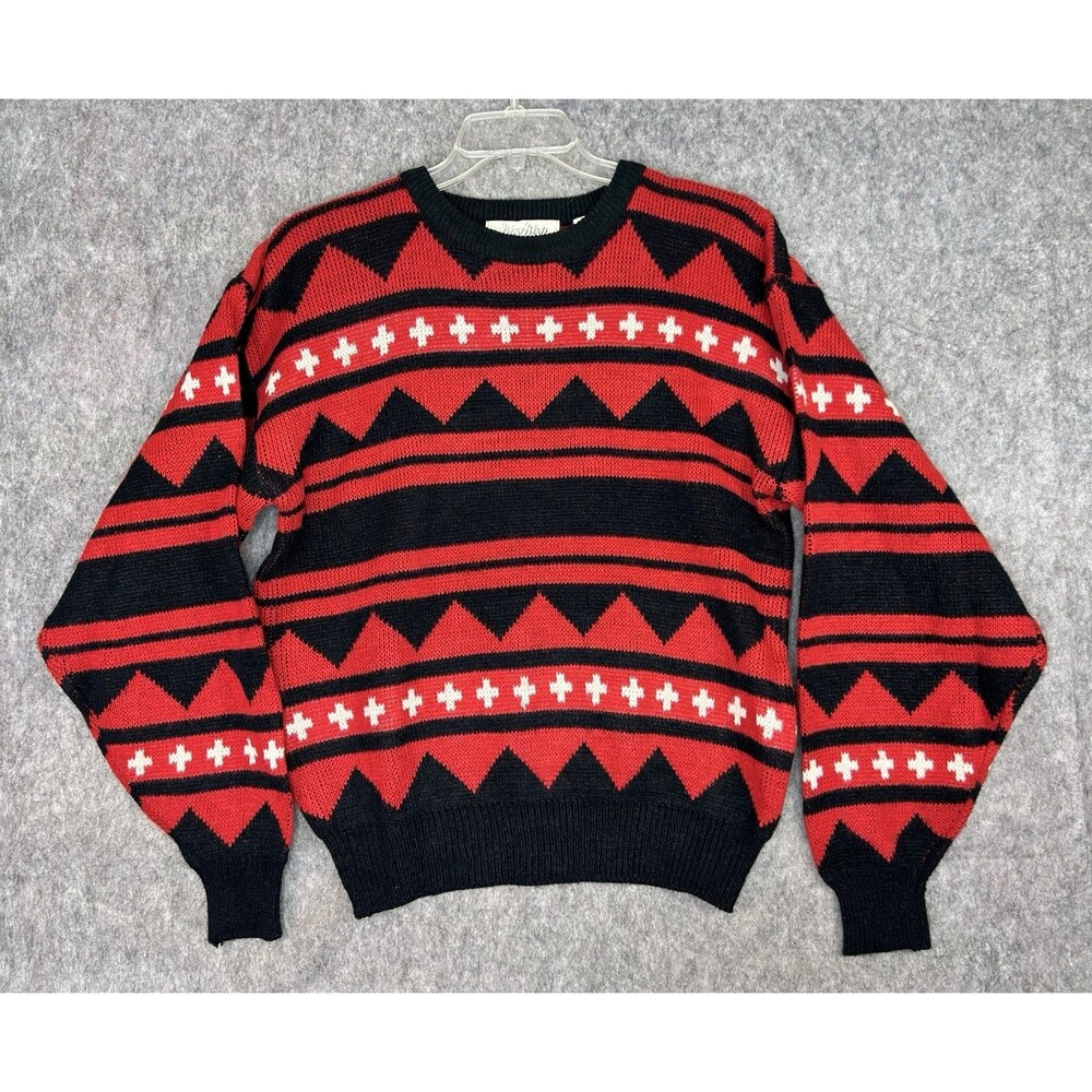 Vtg West Wind Men’s Black Red Geometric Acrylic Crew Neck Sweater 90s M